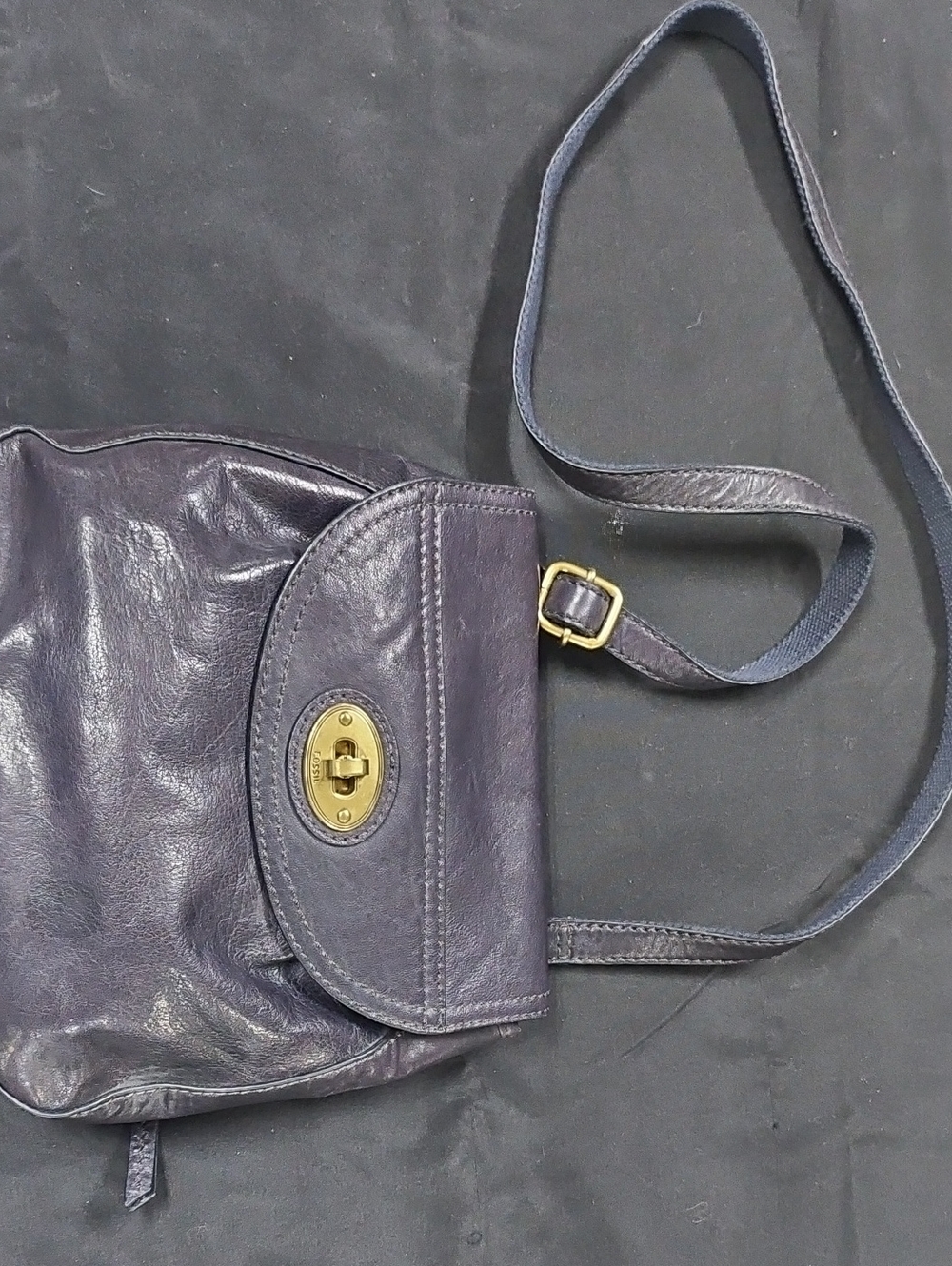 Fossil Navy Leather Crossbody with Brass Turn-Lock